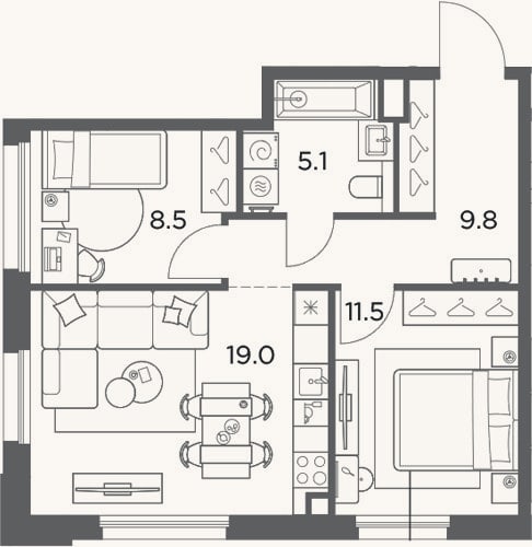 Планировка: 2-к, 53,9 м²