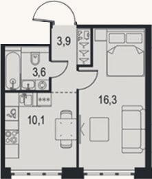 Планировка: 1-к, 33,9 м²
