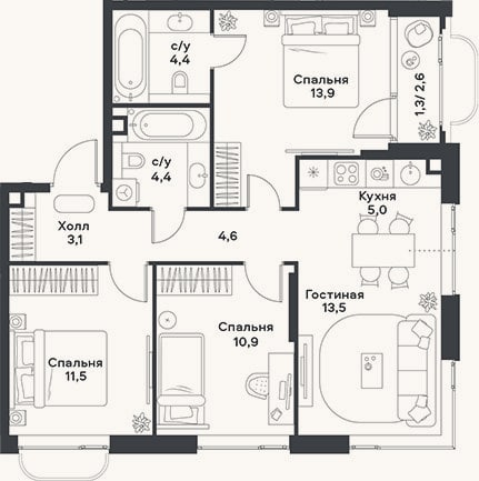 Планировка: 4+ к, 71,3 м²