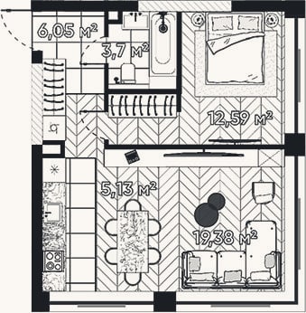 Планировка: 2-к, 46,9 м²