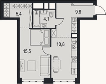 Планировка: 1-к, 45,4 м²