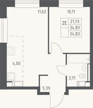 Планировка: 2-к, 34,8 м²