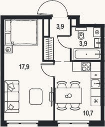 Планировка: 1-к, 36,4 м²