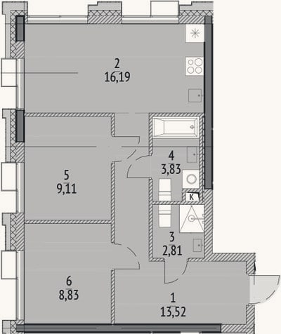 Планировка: 3-к, 54,3 м²