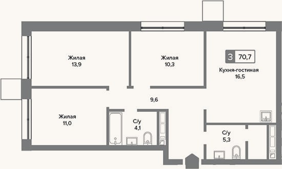Планировка: 4+ к, 70,7 м²