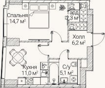 Планировка: 1-к, 39,2 м²