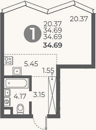 Планировка: Студия, 34,7 м²