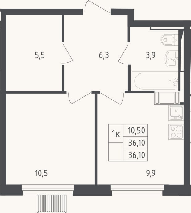 Планировка: 1-к, 36,1 м²