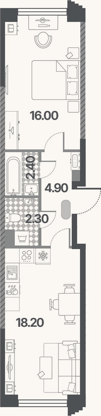 Планировка: 2-к, 43,8 м²