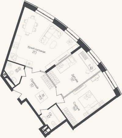 Планировка: 3-к, 77,5 м²