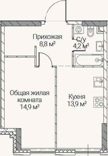 Планировка: 1-к, 41,8 м²