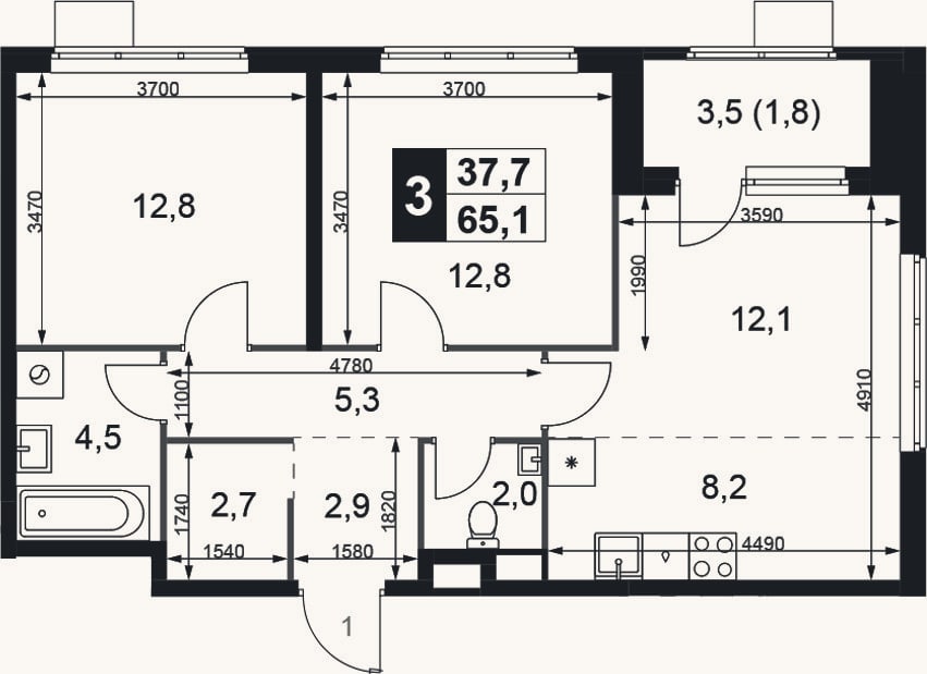 Планировка: 2-к, 63,3 м²