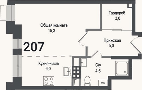 Планировка: Студия, 33,8 м²
