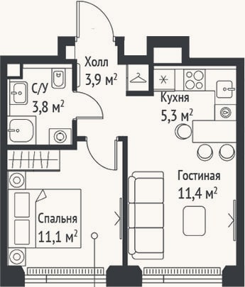 Планировка: 2-к, 35,5 м²