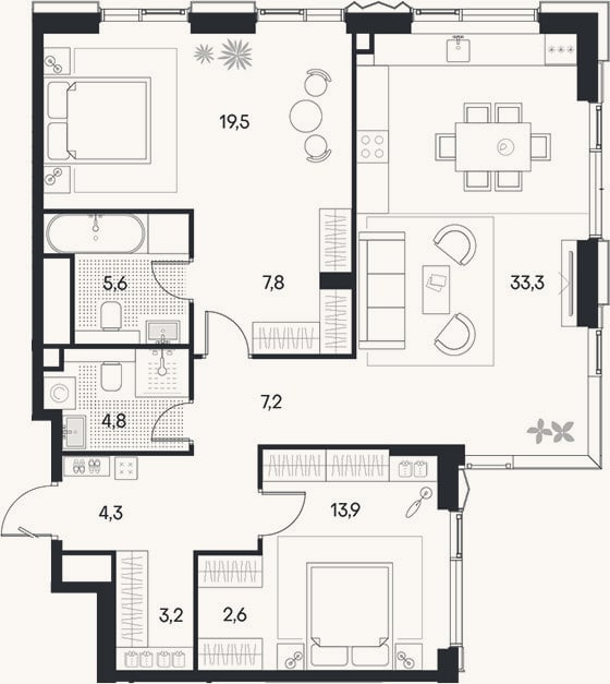 Планировка: 3-к, 102,2 м²