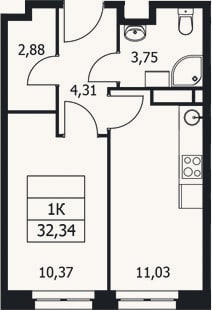 Планировка: 1-к, 32,3 м²