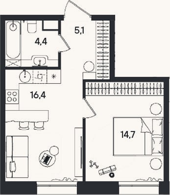 Планировка: 2-к, 40,6 м²