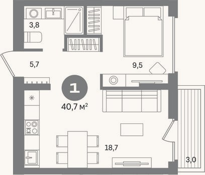 Планировка: 1-к, 37,7 м²