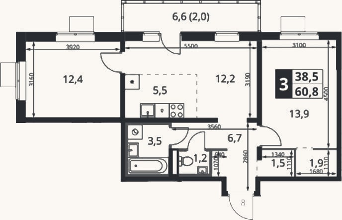 Планировка: 3-к, 58,8 м²