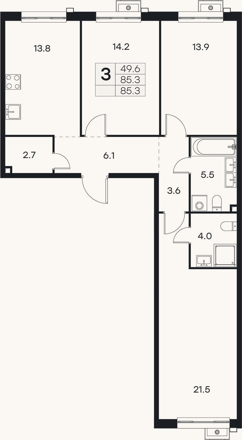 Планировка: 3-к, 85,3 м²