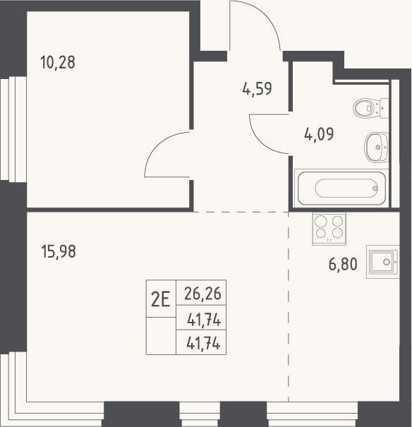 Планировка: 2-к, 41,7 м²
