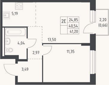 Планировка: 2-к, 40,5 м²