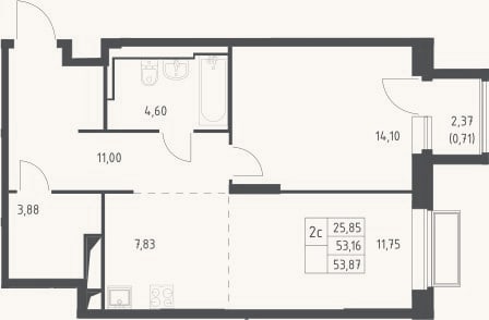 Планировка: 2-к, 53,2 м²