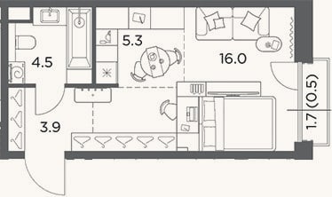 Планировка: Студия, 29,7 м²