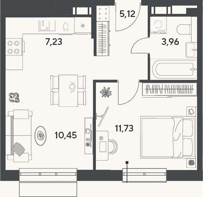 Планировка: 2-к, 38,5 м²