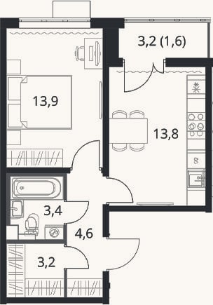 Планировка: 1-к, 38,9 м²