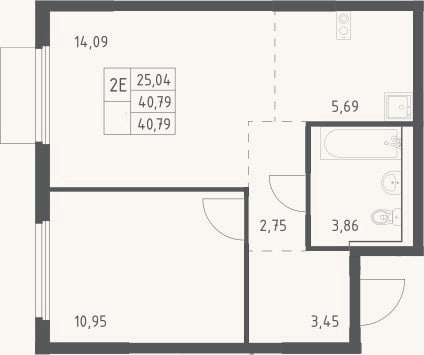 Планировка: 2-к, 40,8 м²