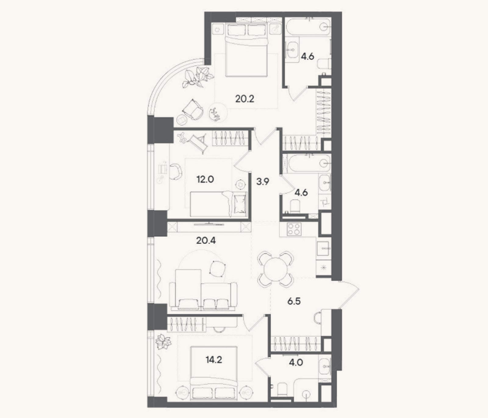 Планировка: 4+ к, 90,6 м²