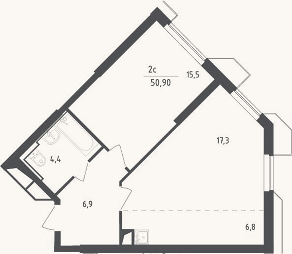 Планировка: 2-к, 50,9 м²