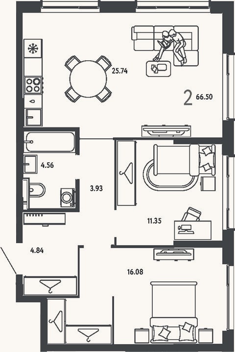 Планировка: 2-к, 66,5 м²