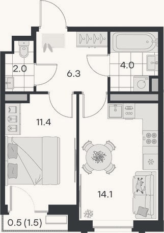 Планировка: 1-к, 37,8 м²