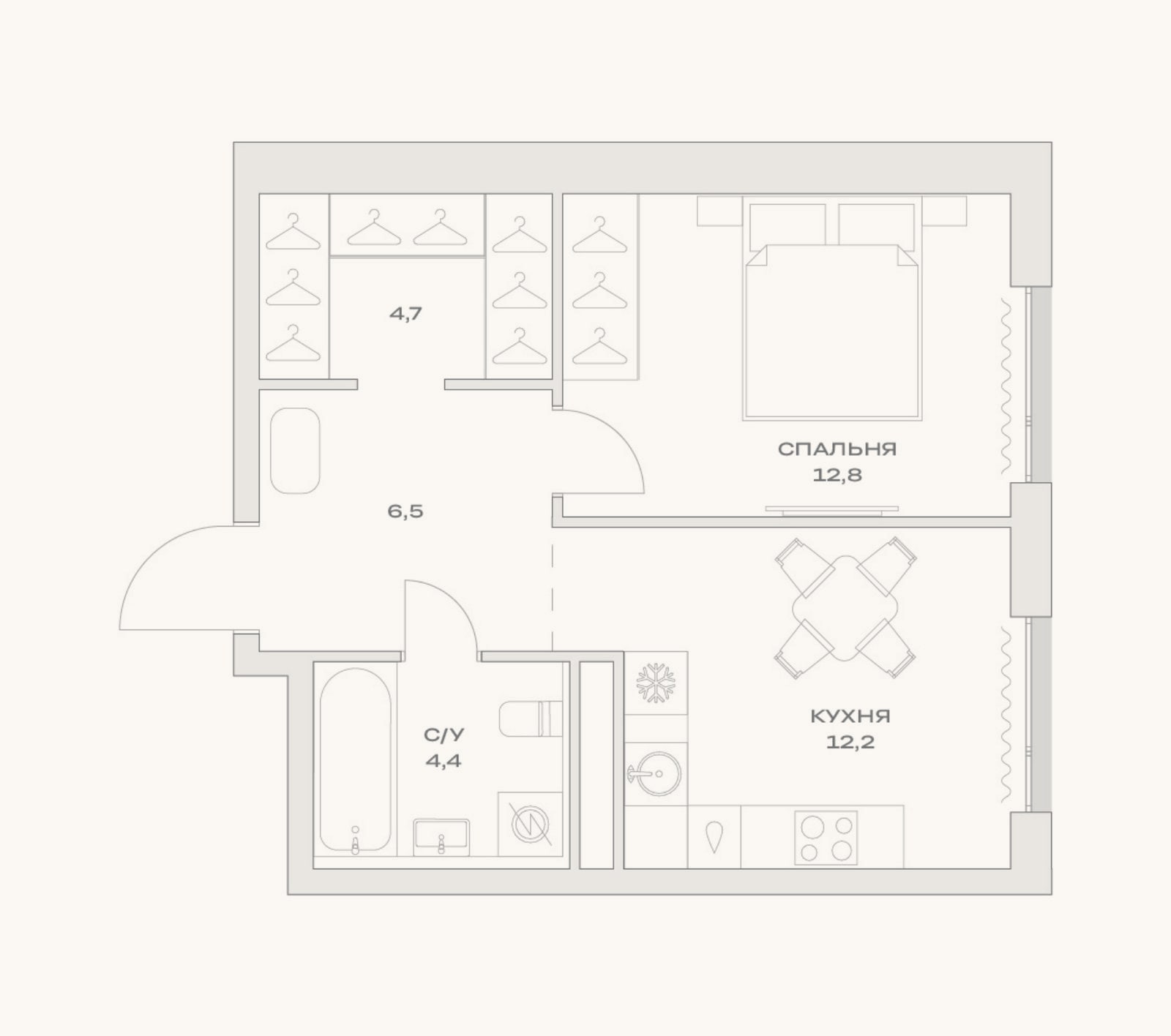 Планировка: 1-к, 40,6 м²