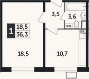 Планировка: 1-к, 36,3 м²