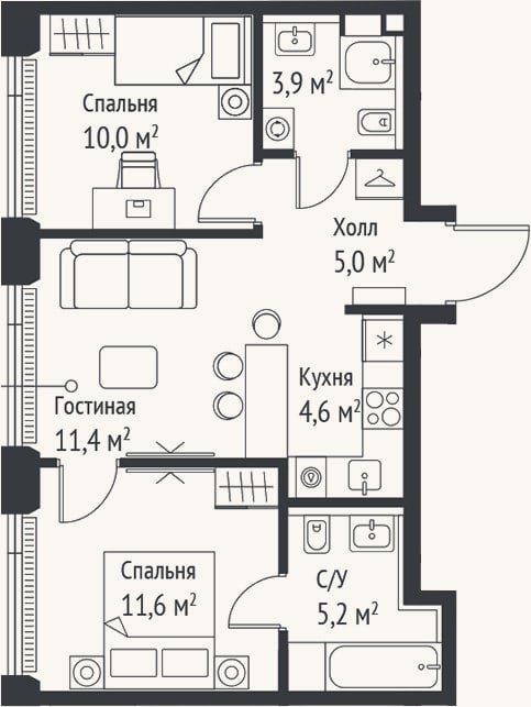 Планировка: 3-к, 51,6 м²