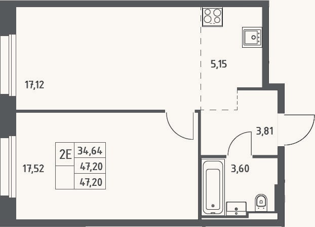 Планировка: 2-к, 47,2 м²