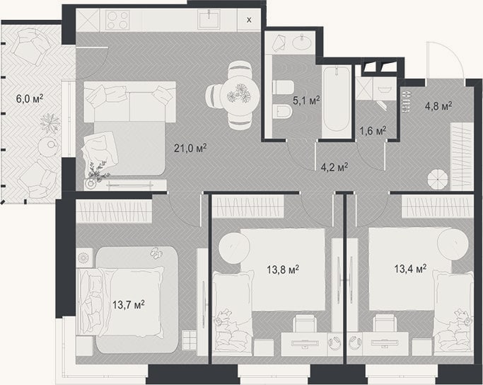 Планировка: 4+ к, 77,6 м²