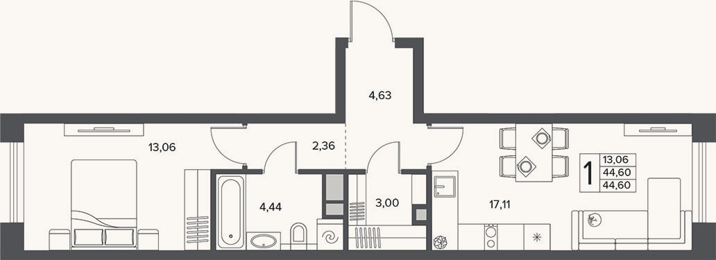 Планировка: 2-к, 44,6 м²