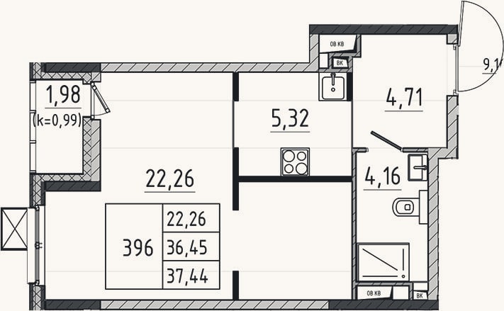Планировка: Студия, 36,5 м²