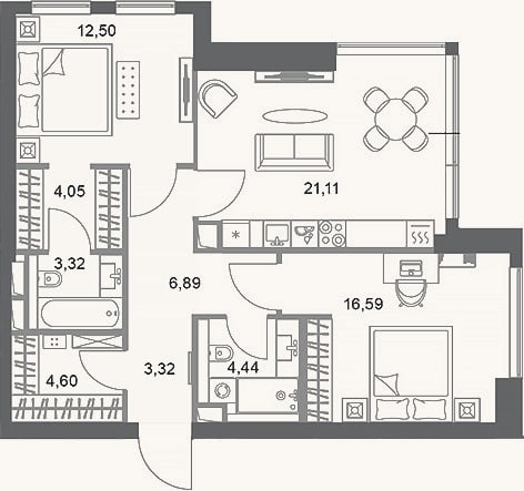 Планировка: 2-к, 76,8 м²