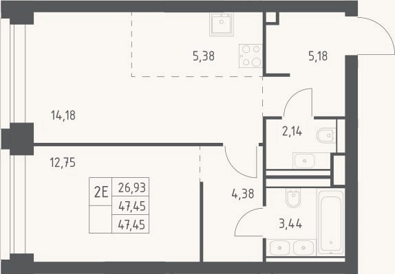 Планировка: 2-к, 47,5 м²