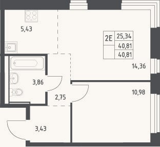 Планировка: 2-к, 40,8 м²