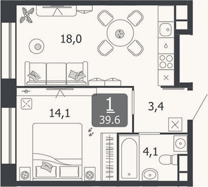 Планировка: 2-к, 39,6 м²