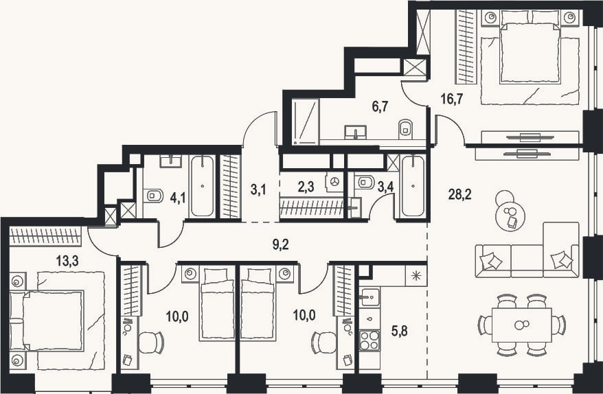 Планировка: 4+ к, 112,8 м²