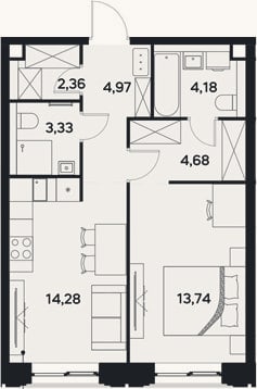 Планировка: 1-к, 47,5 м²