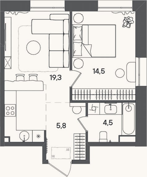 Планировка: 2-к, 44,1 м²