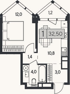 Планировка: 1-к, 31,3 м²